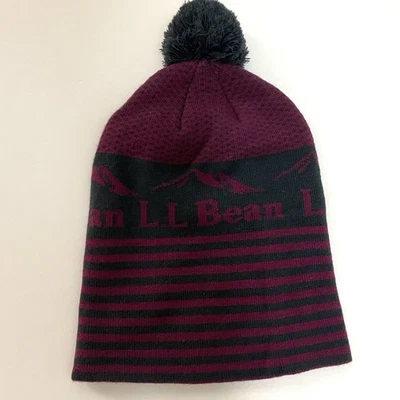 LL Bean Beanie Knit Pom Pom Cap Toboggan Burgundy Dark Gray Stripe - Image 1 of 3