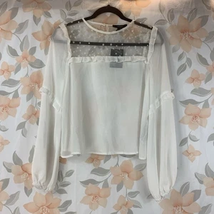 Forever 21 Blouse Womens Small White Sheer Long Sleeve Elastic Cuff Mesh Bodice - Picture 1 of 13