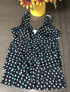 A3 NWT MED CROFT & BARROW MULTI RUFFLE V-NECK BLACK BLUE POLKA DOT TANK SWIMSUIT - Picture 1 of 22