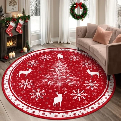 Tapete de área redondo de Natal 8 pés tapetes circulares laváveis para sala de estar, antiderrapante C... - Imagem 1 de 4