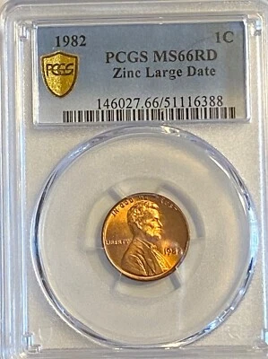 1982 Lincoln Large Date Zinc Penny PCGS Gold Shield MS66RD BLISTER ERROR DDO/DDR - Image 1 of 4