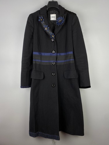 Cappotto Moschino economico chic da donna lana cotone floreale nero con bottoni taglia M