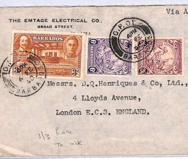 Cubierta de correo aéreo Barbados Segunda Guerra Mundial 2s/6d alto valor 3s/3d tarifa 1940 Londres YX39 Foto 1 de 4