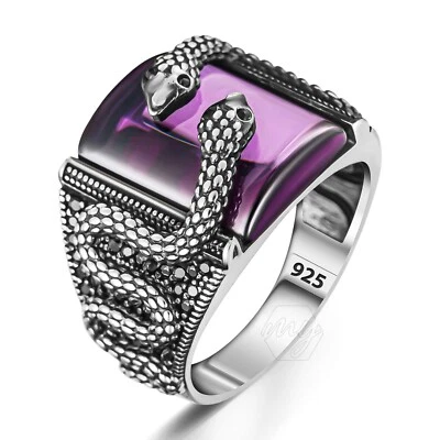 925 Sterling Silver Purple Amethyst Snake Design Men's Ring - Image 1 of 3