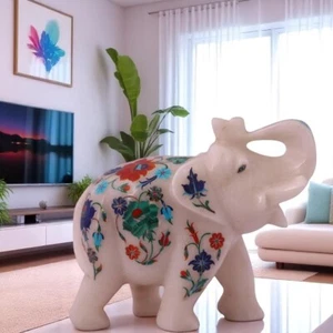 5" White Marble Semi Precious Inlay Elephant For Luxury Housewarming Gift Decors - Picture 1 of 5