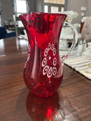 Vintage Ruby Red White Design Clear Handle Glass Hand Blown Pitcher approx. 10”H - Image 1 of 4
