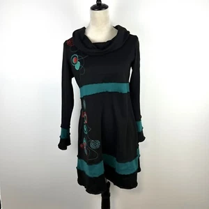 Coline Cowl Neck Tunic Womens Large Black Embroidered Patchwork Art to Wear Flaw - Picture 1 of 18