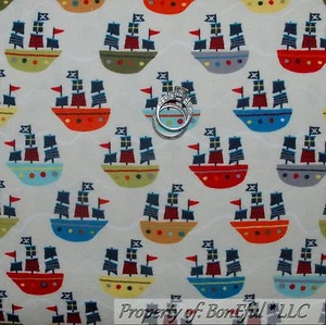 BonEful Fabric FQ Flannel Cotton Quilt Pirate Ship Boat Red White Blue Boy Flag - Picture 1 of 12