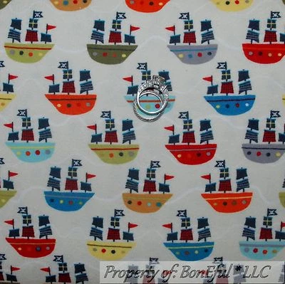 RILEY BLAKE DESIGNS BonEful Fabric FQ Flannel Cotton Quilt Pirate Ship Boat Red White Blue Boy Flag