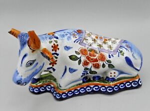 19TH CENTURY POLYCHROME RECUMBENT COW FRENCH FAIENCE / DUTCH DELFT 