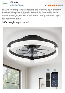 Low Profile Ceiling Fans with Lights and Remote, 19.7in 19.7 INCH Black - Picture 1 of 8
