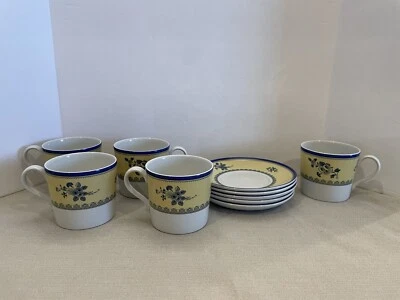 Spode Albany Blue and Yellow Set of 5  Tea / Coffee Cups & Saucers: England - Image 1 of 4