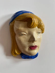 Vintage Art Deco Women's Face Wall Mask Blue Hat Blonde Hair Signed Bust Plaque - Picture 1 of 6