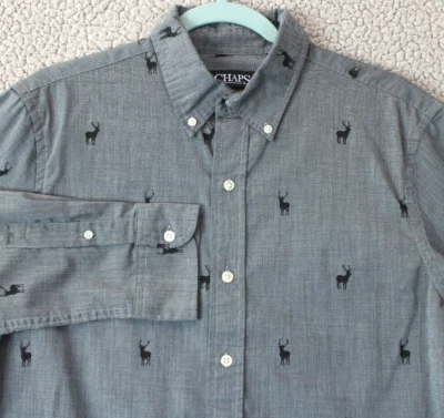 Camisa Chaps Gris Medio Buck Estampado Ciervo Botón Manga Larga Foto 1 de 4