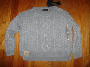 NWT POLO RALPH LAUREN GIRLS SWEATER size 5 / 5T BLUE 100% LINEN CROCHET STUNNING - Picture 1 of 6