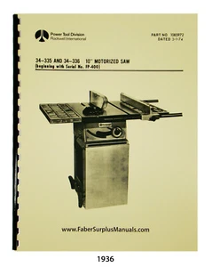 Rockwell 10" Motorized Table Saw Instruction & Parts List Manual #1936 - Imagen 1 de 11