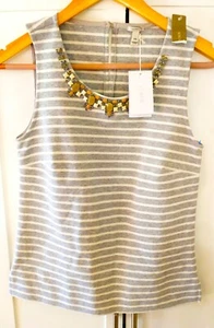 NWT J Crew Gray & White Stripe Jewled Neckline Shell Tank Top Size XXS - Picture 1 of 5