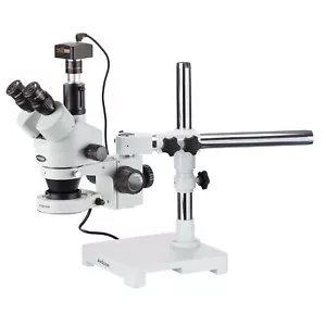 AmScope 7X-45X Trinocular Boom Stereo Zoom Microscope+1.3MP USB Camera+LED Light - Picture 1 of 8