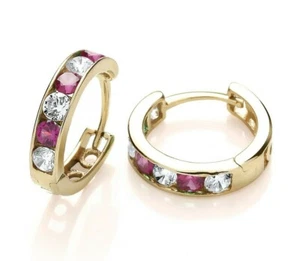 9ct Yellow Gold Ruby & cz Huggie Hoop Earrings - Solid 9K Gold - Picture 1 of 5