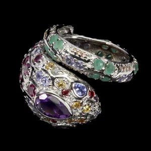 925 Sterling Silver Ring Pear Amethyst Emerald Gemstone Jewelry Cobra Size 8.5 - Picture 1 of 14