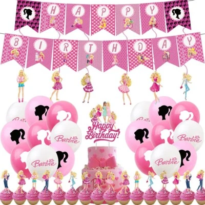 NEW BARBIE THEME 2 PARTY SET BANNER, BALLOONS AND CAKE DECS  (1) - image 1 of 4
