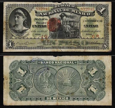 1913 El Banco Nacional De Mexico One Peso Banknote P# S255b Locomotive Vignette - Image 1 of 3