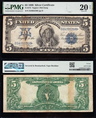 Bold VF graded 1899 $5 "INDIAN CHIEF" Silver Certificate PMG 20/n! FREE SHIP! - Image 1 of 3