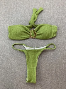 Crinkle Brazilian Style Thong 2 Pc Bikini Swimsuit Womens XS Green Gold Detail - Picture 1 of 16
