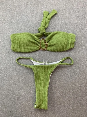 Crinkle Brazilian Style Thong 2 Pc Bikini Swimsuit Womens XS Green Gold Detail - Image 1 of 4