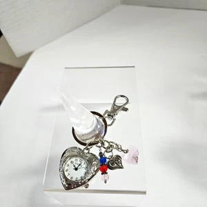 Purse Charm With Japanese Movement Heart-Shaped Quartz Watch & Crystal Charms - Picture 1 of 5