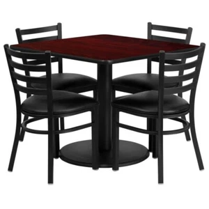 36'' Square Mahogany Laminate Restaurant Table Set & 4 Ladder Back Metal Chairs - Picture 1 of 8