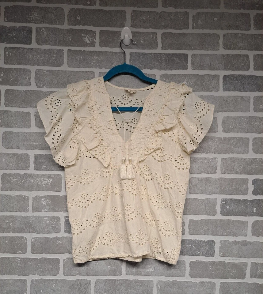 Artalier Nicolle Miller Ivory Eyelet Double Ruffle Sleeve Tassel Womens Blouse S - Image 1 of 4