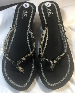 AK Anne Klein Womens Size 8.5M Black Animal Print/Fringe Thong Sandals - Picture 1 of 7