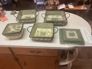 Temp-tations Ovenware By Tara Old World Green Baking Dishes, Trivet & Carrier. - Picture 1 of 5