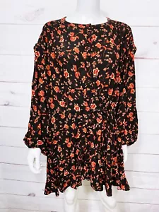 Free People Womens Mini Dress Size M Black & Orange Floral Button Front - Picture 1 of 10