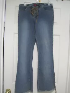 Jeans Younique svasati in pelle marrone stringati donna taglia 7 blu denim Y2K anni 90 - Foto 1 di 8