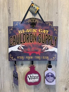 Halloween Themed Black Cat Cauldron Supply Apothecary Glitter Wooden Wall Sign - Picture 1 of 5