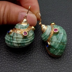 Green Sea shell Spiral Cz pave Gold Plated Dangle Hook Earrings - Picture 1 of 7