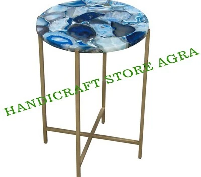 Azul Natural Ágata de Mesa Para Mesilla Esquina Mesa Auxiliar Coffee Table - Imagen 1 de 4