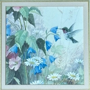 Impresión artística enmarcada floral de colibrí Ernestine Bucking firmada casa de campo núcleo de hadas - Imagen 1 de 5