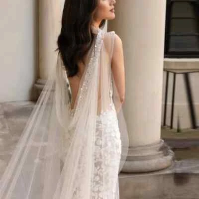 Long Wedding Bolero Cape Veil Bridal Shawls for Wedding Soft Tulle Accessories - Image 1 of 4