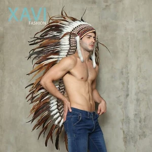 Long Bronze White Combination, Indian Headdress Made With Real Rooster Feathers - Picture 1 of 9
