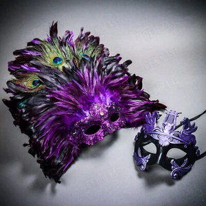 Venetian Couple Party Men Emperor & Women Side Peacock Feather Purple Face Mask - Picture 1 of 3