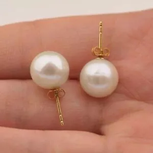 Perfect 9-9.5mm Natural White Akoya Pearl Round Pearl Stud Earrings 14K Gold - Picture 1 of 6