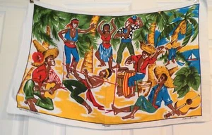 Vintage Dunmoy Irish Linen Tea Towel Native Islanders Palm Trees Limbo - Picture 1 of 6