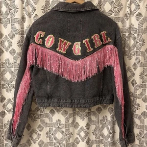 Zara Cowgirl Westernjacke schwarz Denim rosa Fransen Damen Größe Large Country - Bild 1 von 9