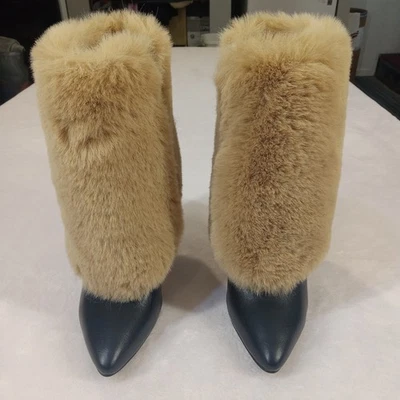 Azalea Wang Women's Faux Fur Tan Stiletto Heel Bootie Pointed Size 6.5 NWT - Image 1 of 4