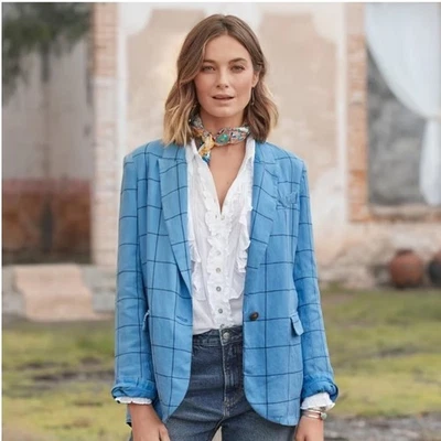 Sundance Linen Iris Blue Windowpane Plaid Blazer Womens XL - Image 1 of 4