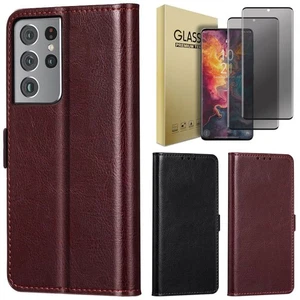 Funda tipo billetera de cuero para Samsung S21/Plus/Ultra/FE/vidrio templado de privacidad - Imagen 1 de 28