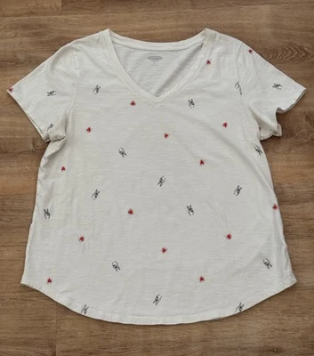 Old Navy Everywear White Tee Large V Neck Short Sleeve T-Shirt Peace Sign Hearts - Image 1 of 4